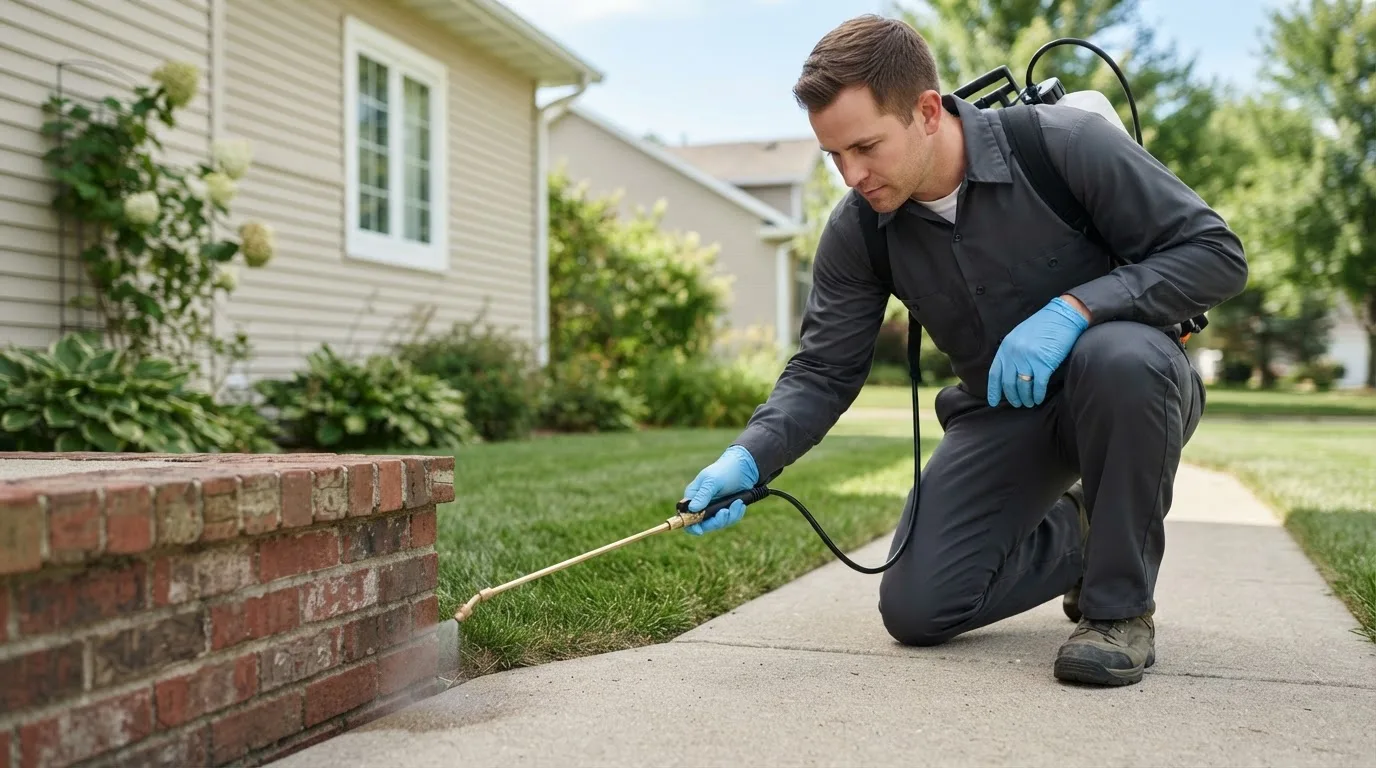 Pest control technician treating a home near Ennis, TX